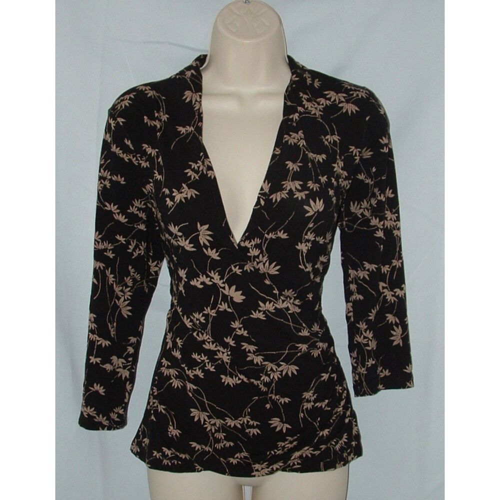 COLDWATER CREEK Black Print Sz XS Casual or Dress Soft Stretchy Surplice Shirt